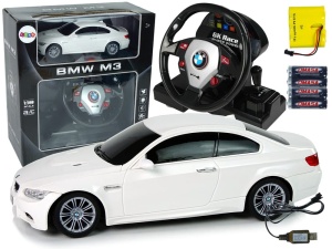 Samochód RC BMW M3 1:18 biały z pilotem kierownicą 2,4 GHz