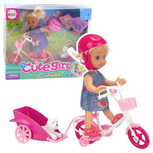 Zestaw Mini Laleczka Rower Przyczepka Kask Biały Piesek