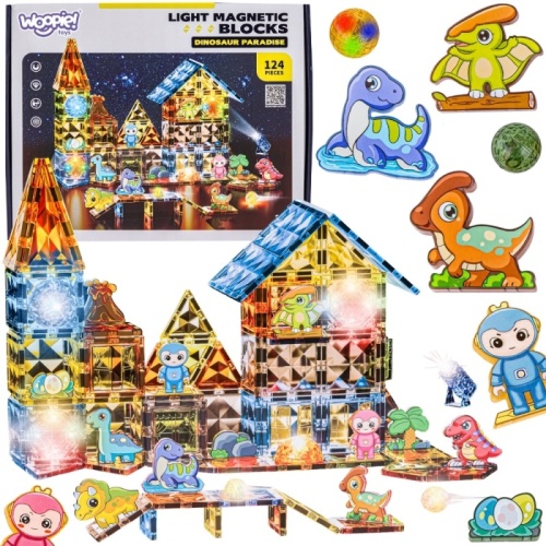 WOOPIE Klocki Magnetyczne Konstrukcyjne Świecące 3D Park Dinozaurów 124el.