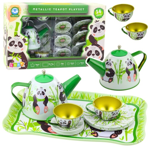 Zestaw Do Herbaty Metalowy Dzbanek Filiżanka Talerzyki Panda Zielony 14el
