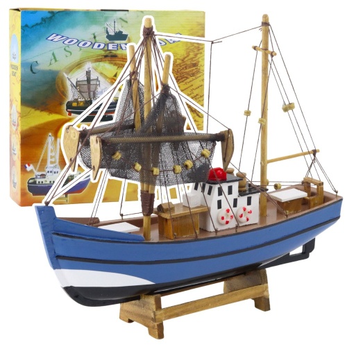 Model Kolekcjonerski Dekoracyjny Statek Kuter Rybacki Niebieski 30x26cm