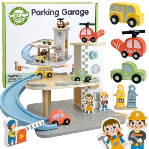 WOOPIE GREEN Drewniany Parking Piętrowy 2w1 Stacja Benzynowa z Autkami i Figurkami 12 el. FSC