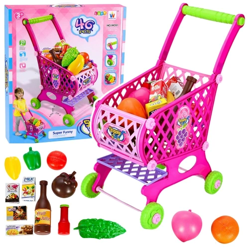 Duży Wózek Sklepowy Dla Dzieci Produkty Spożywcze Różowy 52cm 46 el.