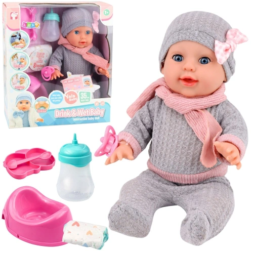 Lalka Bobas Siusiająca Akcesoria Pielęgnacyjne Butelka Nocnik 35 cm