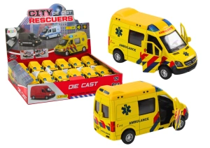 Ambulans karetka 1:32 z otwieranymi drzwiami, światłem, dźwiękiem i napędem – żółta