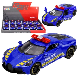 Autko sportowe policyjne z napędem pull back, metalowe, niebieskie 1:43