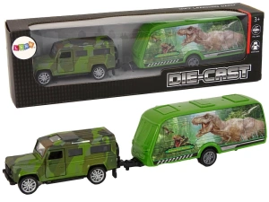 Zestaw pojazdów Jeep z naciągiem, przyczepą i dinozaurami