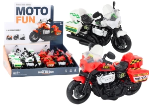 Motocykl policyjny Lean Toys 1:10 ze światłem i dźwiękiem – biały lub czerwony