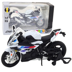 Motocykl sportowy metalowy biały S1000 1:12 ze światłami i dźwiękami