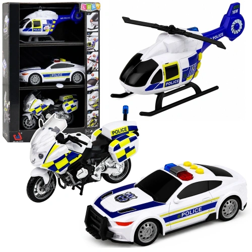 Zestaw Policyjny Helikopter Motocykl Radiowóz Światła Dźwięki 1:32