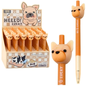 Długopis żelowy z pieskiem mops – niebieski tusz, 0,5 mm
