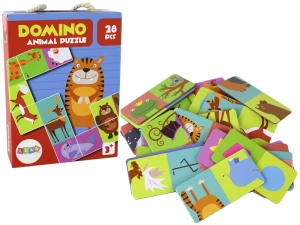 Dwustronne puzzle domino Zwierzęta 10 × 5 cm, 28 elementów – Lean Toys