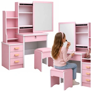 Toaletka Kosmetyczna z Lustrem Szuflady Półki Taboret Różowa 130x80x36 cm