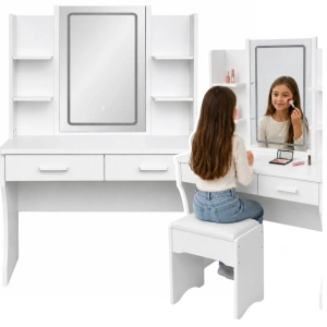 Toaletka kosmetyczna z lustrem LED, półkami i 2 szufladami, biała 140 x 80 x 40 cm