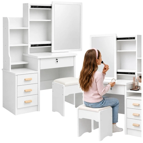 Toaletka Kosmetyczna z Lustrem Szuflady Półki Taboret Biała 130x80x36 cm
