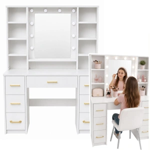 Duża toaletka z lustrem LED, półkami i 7 szufladami biała 140 × 100 × 40 cm