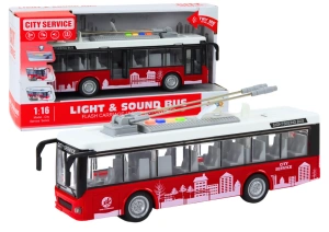 Trolejbus zabawkowy 1:16 ze światłem i dźwiękiem biało-czerwony
