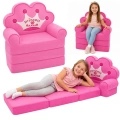 Rozkładany Fotel Sofa Leżanka z Koroną 2W1 Dla Dzieci Miękki Różowy