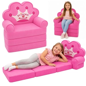 Rozkładany Fotel Sofa Leżanka z Koroną 2W1 Dla Dzieci Miękki Różowy