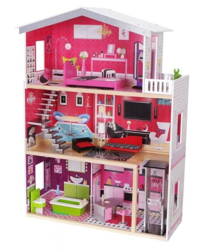 ECOTOYS DREWNIANY DOMEK DLA LALEK BARBIE REZYDENCJA MALIBU Z WINDĄ 4118