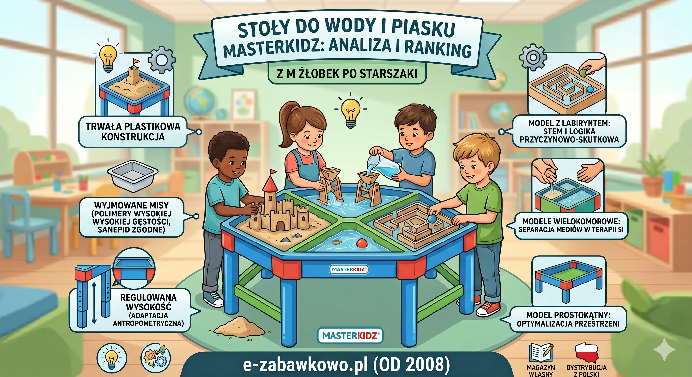 Stoliki do wody i piasku Masterkidz – ranking i analiza techniczna. Jak wybrać sprzęt do przedszkola i gabinetu SI?